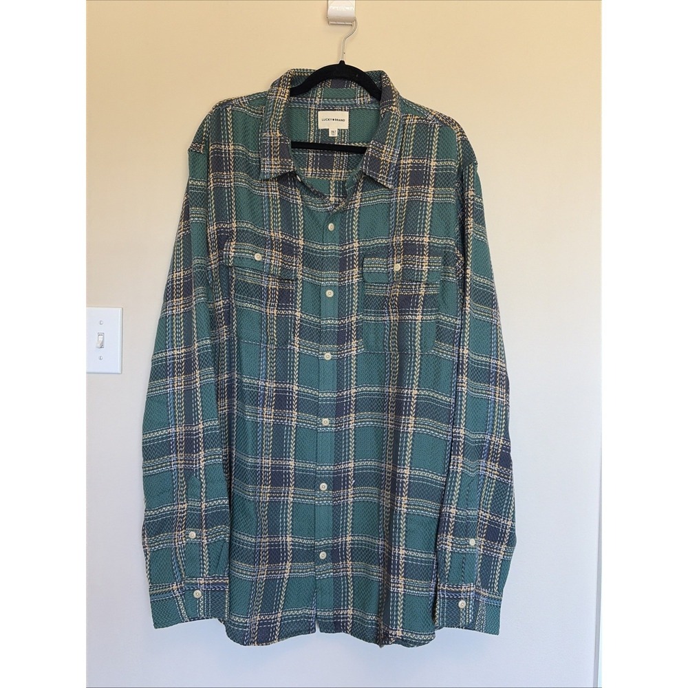 Lucky Brand Green Plaid Herringbone Flannel Humboldt Utility Shirt Mens 2XL Tall